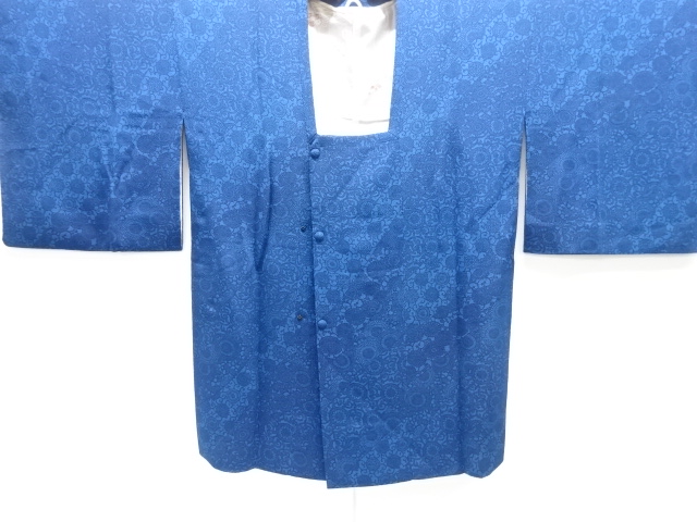 作家物　縮緬地　本藍型染　斜め縞に菊唐草模様道行コート(ショール付き)